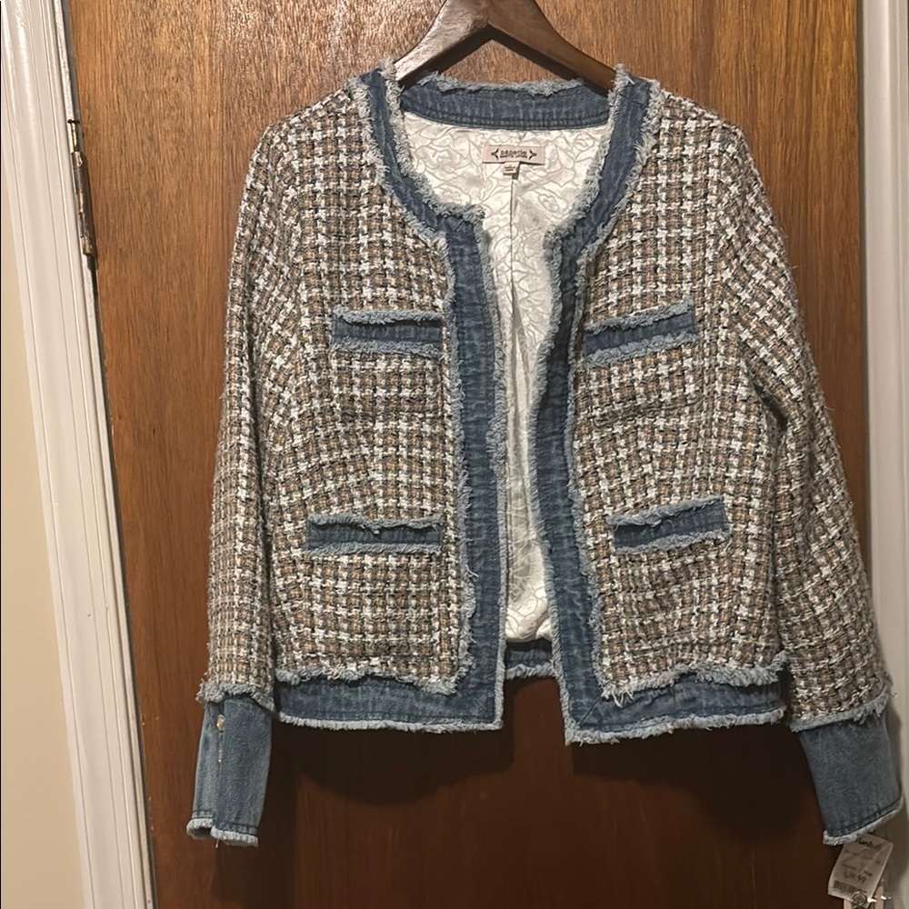Nannette Blue and Brown Blazer with Tweed Details